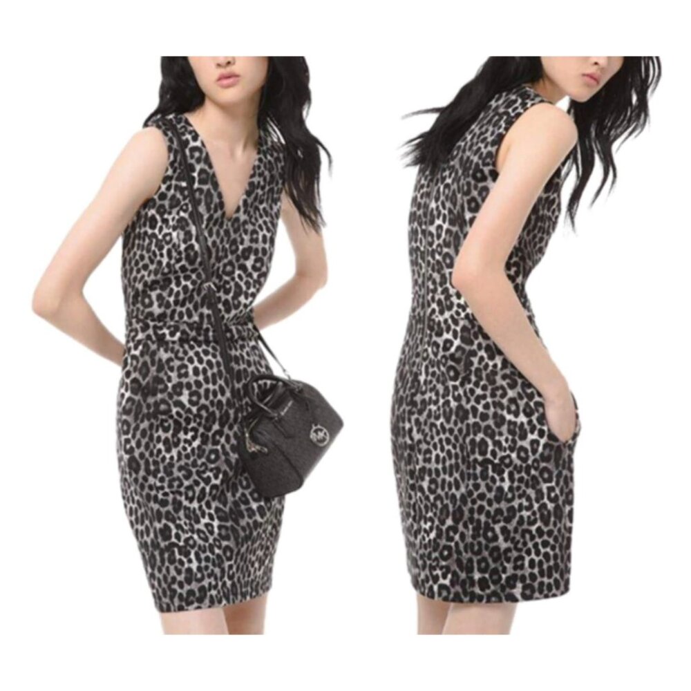Michael Kors Black Leopard Animal Print Scuba Dress Career Pockets